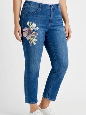 CHICO’S Stretchy Appliqué Blue Cropped Ankle Jeans w Purple Rose Floral Design